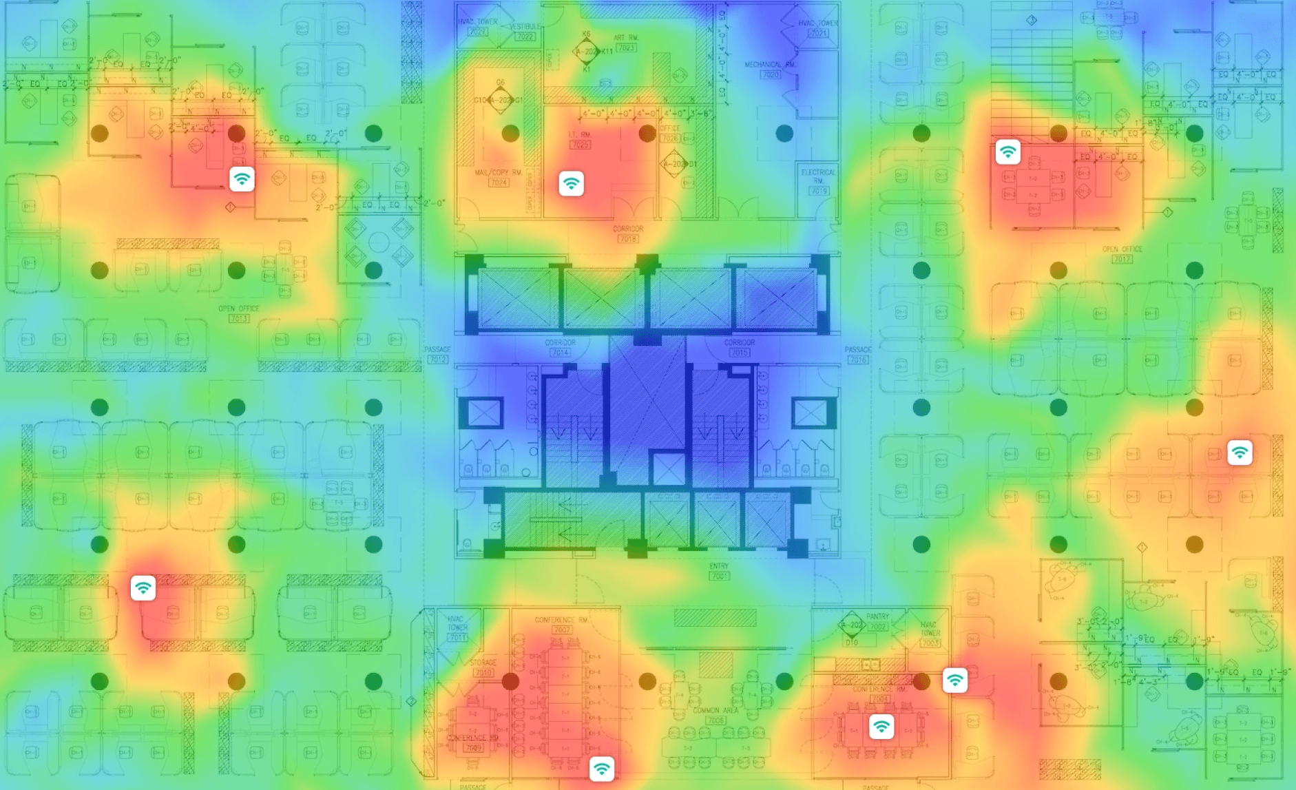 NetSpot 5GHz heat map of Audubon's NYC headquarters showing wireless signal coverage